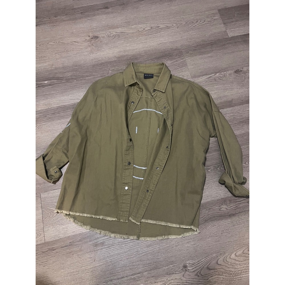 Mish Muse Olive Green Smiley Face Embroidered Raw Hem Cotton Shacket Small
